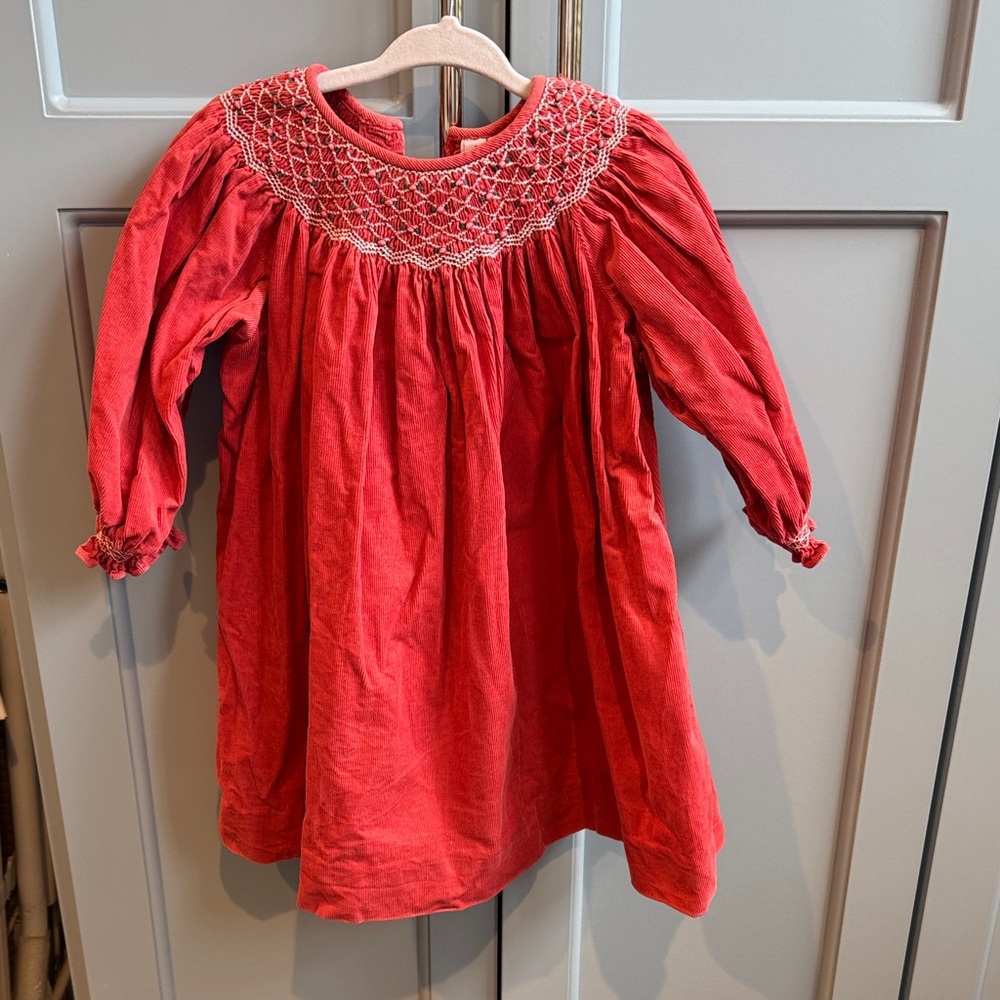 Red/Orange Smocked Corduroy Dress